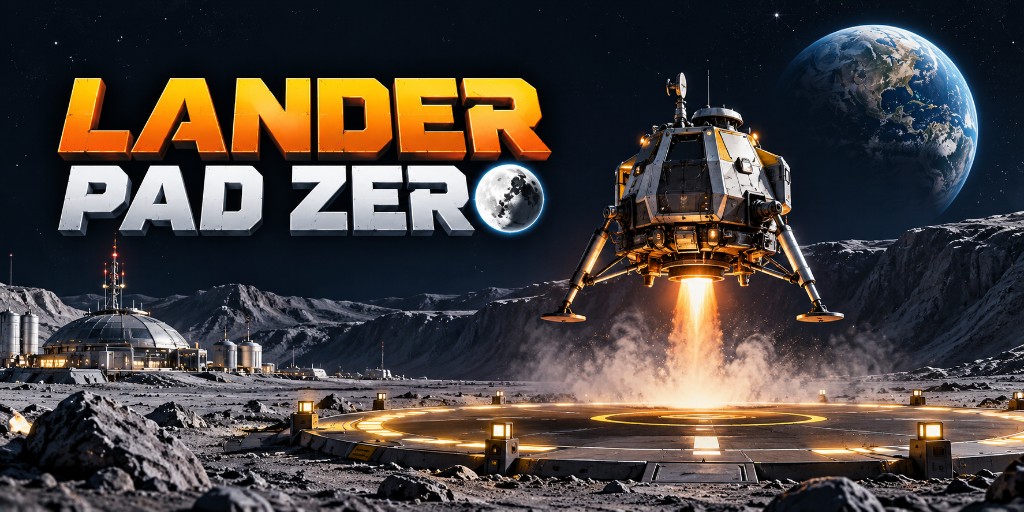 Lander Pad Zero — lander descending to the pad under Earthrise